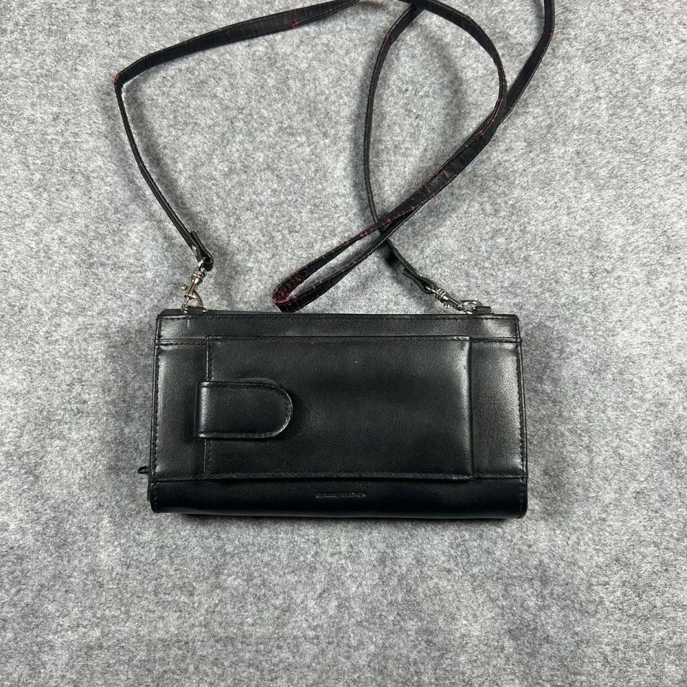 Buxton Organizer Crossbody Bag Small Black Leather Ribbed Textile